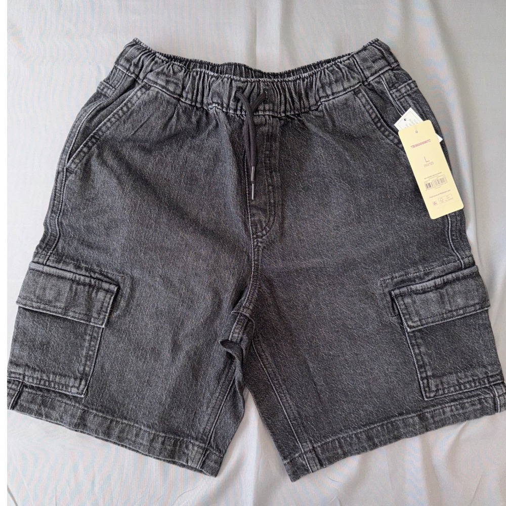 Boys Pull On Denim Cargo Shorts Size L 10/12 Weekend Academy Black Washed